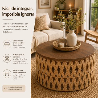 Mesa Centro o Auxiliar de Yute y Madera – Estilo Natural | Disponible en Tamaño Mediano y Grande + REGALO SORPRESA🎁