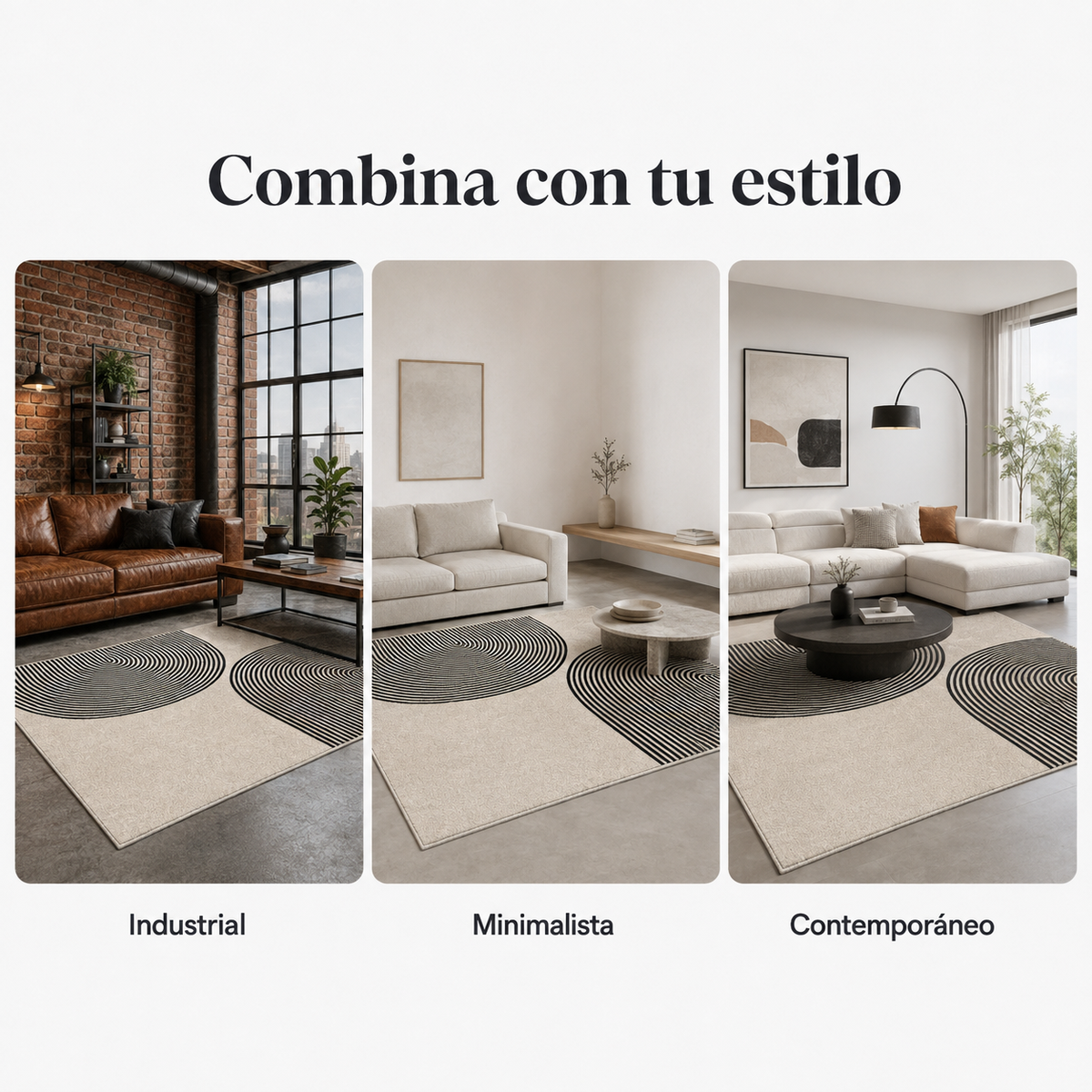 Alfombra Minimalista Círculos Concéntricos – Gris, Beige y Negro 160x230 cm