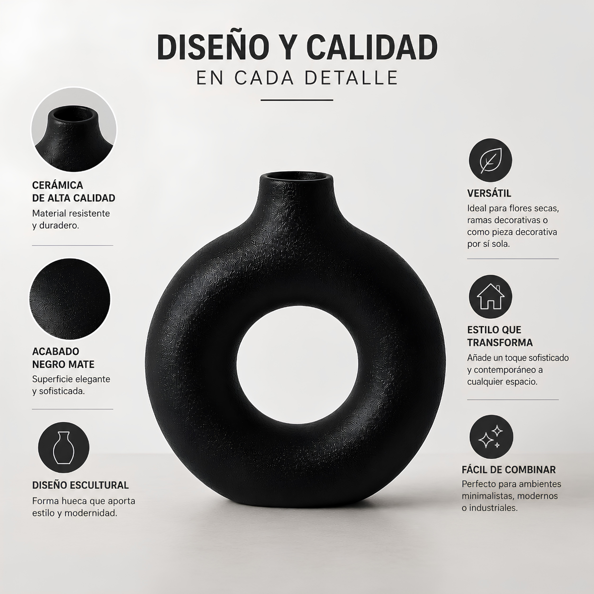 Jarrón Decorativo Redondo Hueco Negro Mate – Estilo Moderno Minimalista