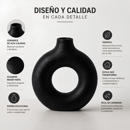 Jarrón Decorativo Redondo Hueco Negro Mate – Estilo Moderno Minimalista