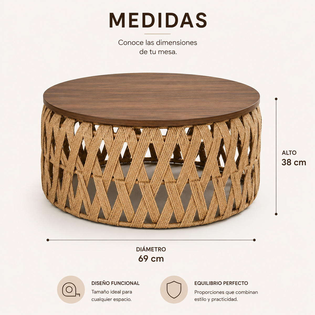 Mesa Centro o Auxiliar de Yute y Madera – Estilo Natural | Disponible en Tamaño Mediano y Grande + REGALO SORPRESA🎁