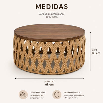Mesa Centro o Auxiliar de Yute y Madera – Estilo Natural | Disponible en Tamaño Mediano y Grande + REGALO SORPRESA🎁