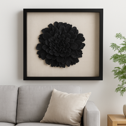Cuadro Decorativo en Relieve con Flor Negra – Elegancia Moderna con Marco Negro