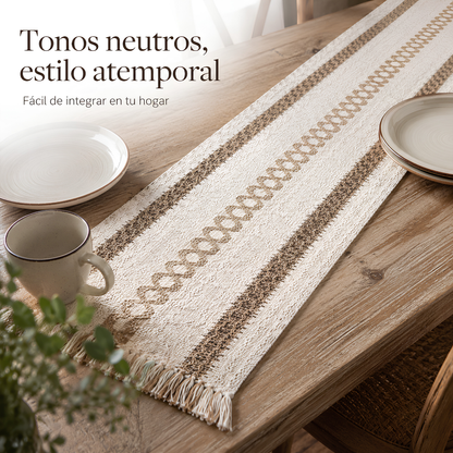 Camino de Mesa Boho con Flecos 180 x 30 cm, Beige y Marrón