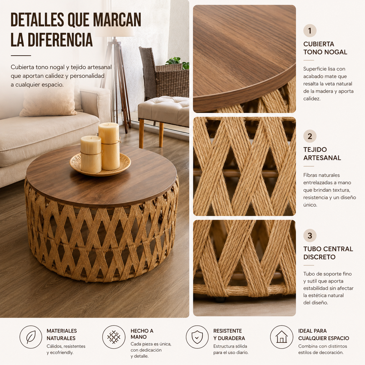 Mesa Centro o Auxiliar de Yute y Madera – Estilo Natural | Disponible en Tamaño Mediano y Grande + REGALO SORPRESA🎁