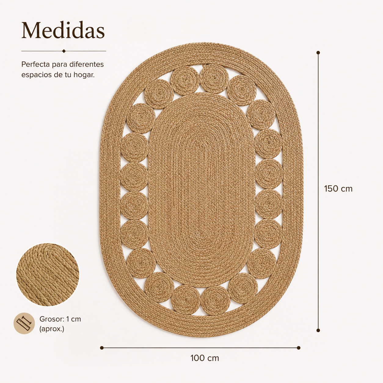 Alfombra de Yute Ovalada Artesanal - 150x100 cm - Diseño de Espirales