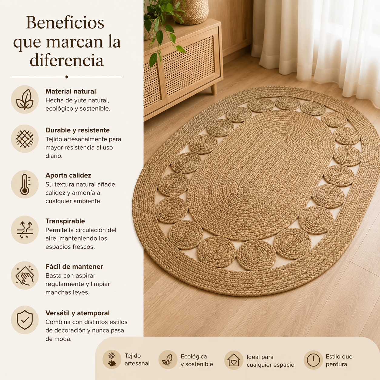 Alfombra de Yute Ovalada Artesanal - 150x100 cm - Diseño de Espirales