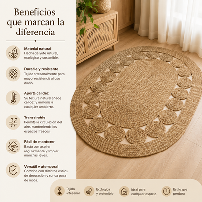 Alfombra de Yute Ovalada Artesanal - 150x100 cm - Diseño de Espirales