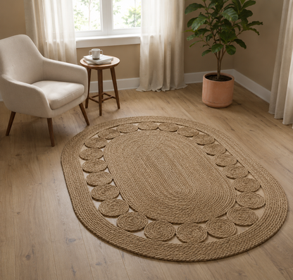 Alfombra de Yute Ovalada Artesanal - 150x100 cm - Diseño de Espirales