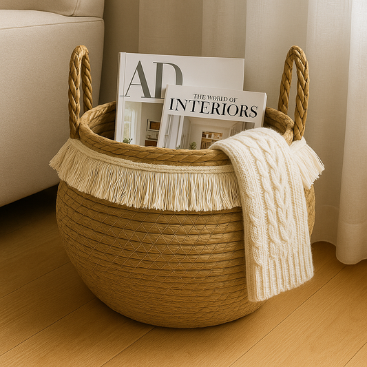 Cesta de Tejido Natural con Macrame para decoración o jardín