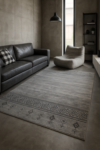 Alfombra Decorativa Gris con Diseño Étnico – Estilo Industrial Moderno