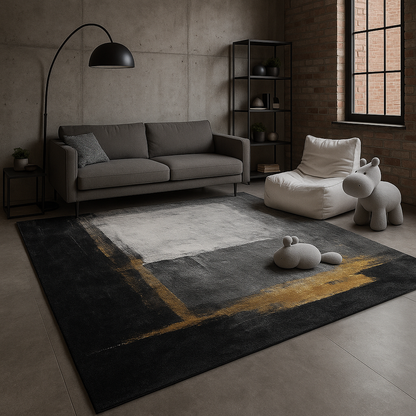 Alfombra Moderna Abstracta en Tonos Negro, Gris y Mostaza – Estilo Contemporáneo