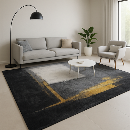 Alfombra Moderna Abstracta en Tonos Negro, Gris y Mostaza – Estilo Contemporáneo