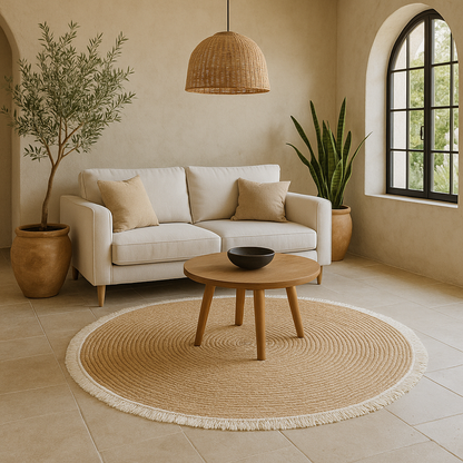 Alfombra Redonda de Yute Natural Tejida a Mano 120 cm – Estilo Boho Chic