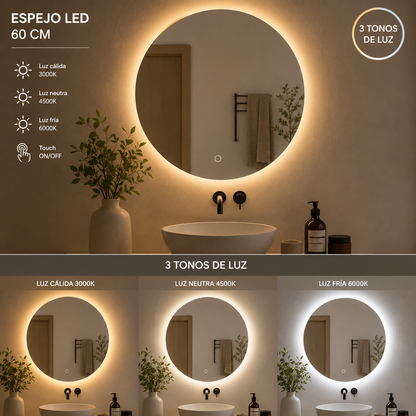 Espejo Redondo LED 60 cm con Pantalla Digital Touch | KB Home