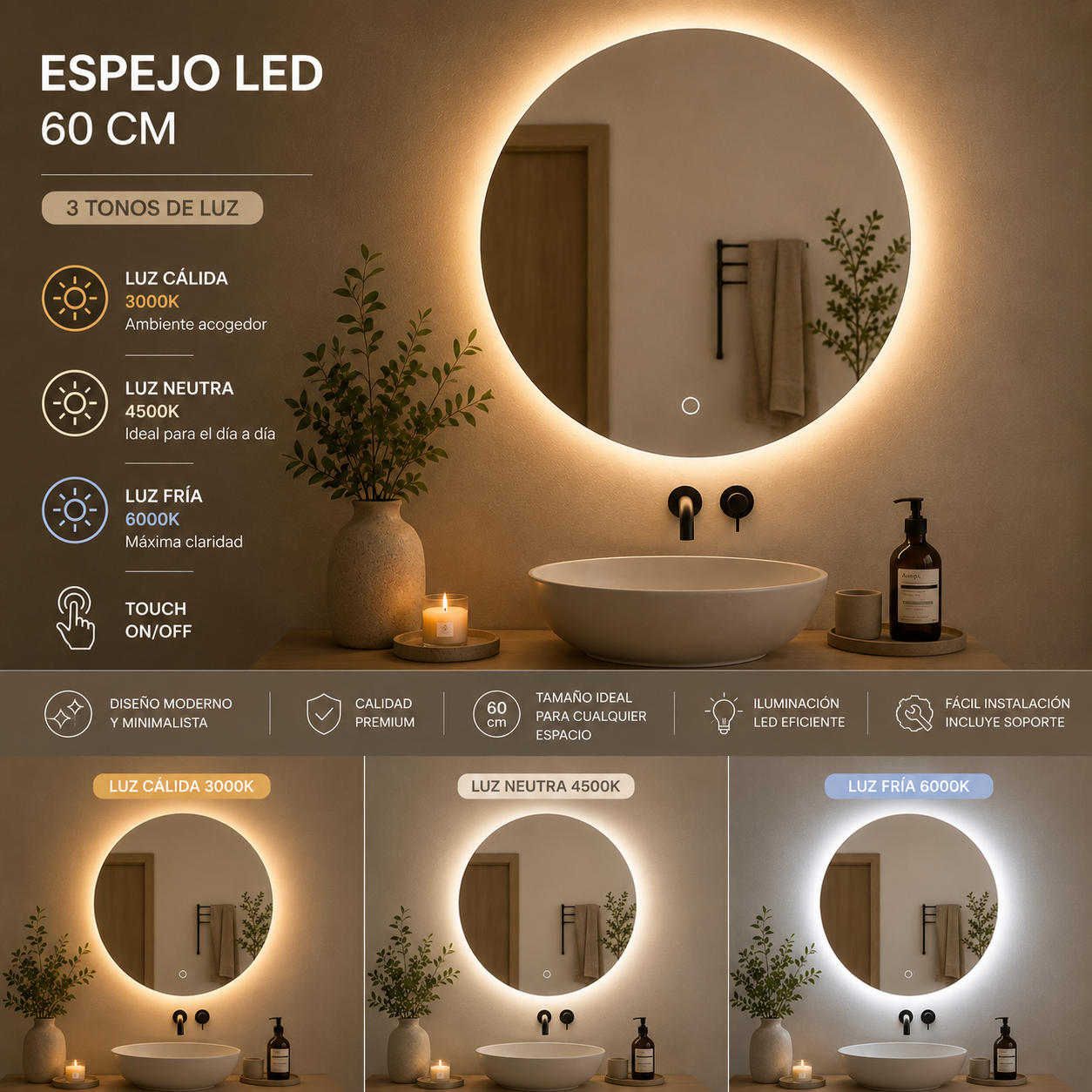 Espejo Redondo LED 60 cm con Pantalla Digital Touch | KB Home