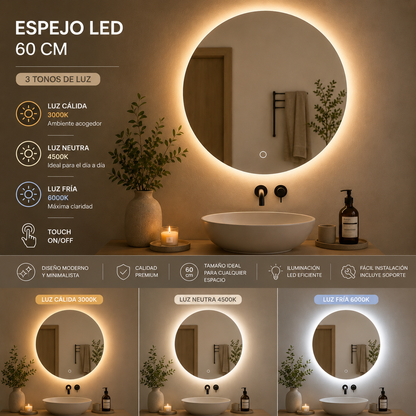 Espejo Redondo LED 60 cm con Pantalla Digital Touch | KB Home