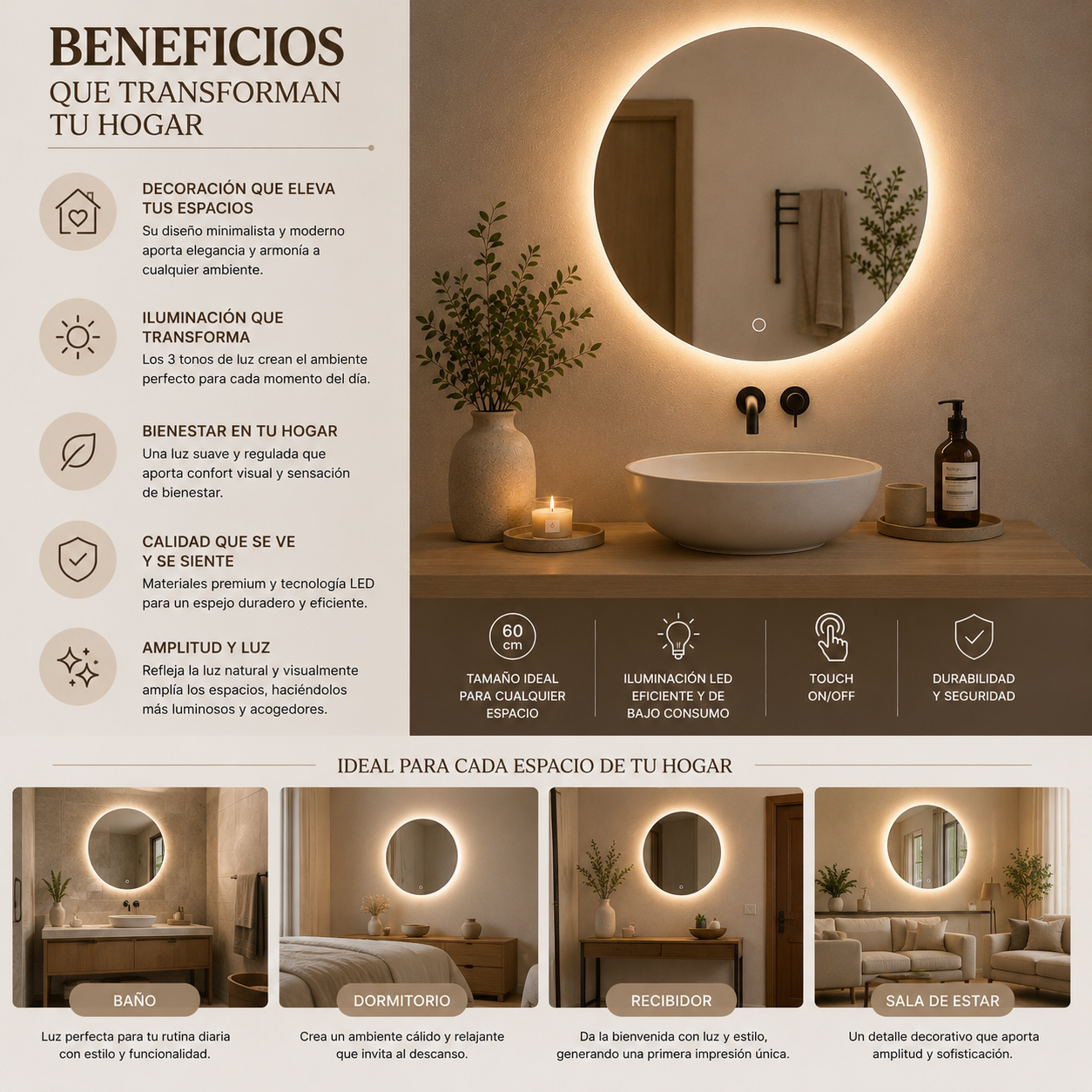 Espejo Redondo LED 60 cm con Pantalla Digital Touch | KB Home