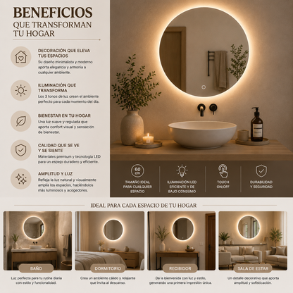 Espejo Redondo LED 60 cm con Pantalla Digital Touch | KB Home