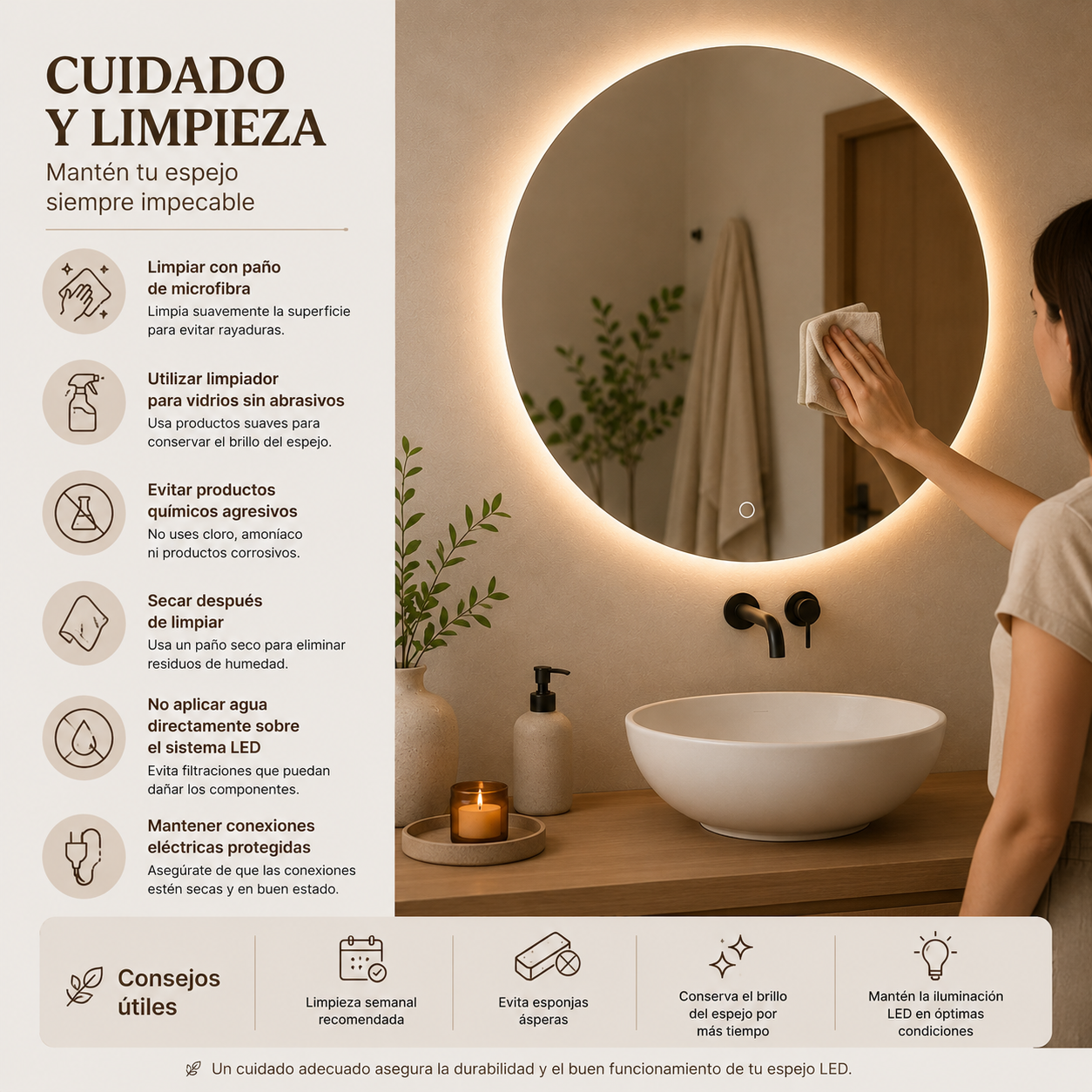 Espejo Redondo LED 60 cm con Pantalla Digital Touch | KB Home