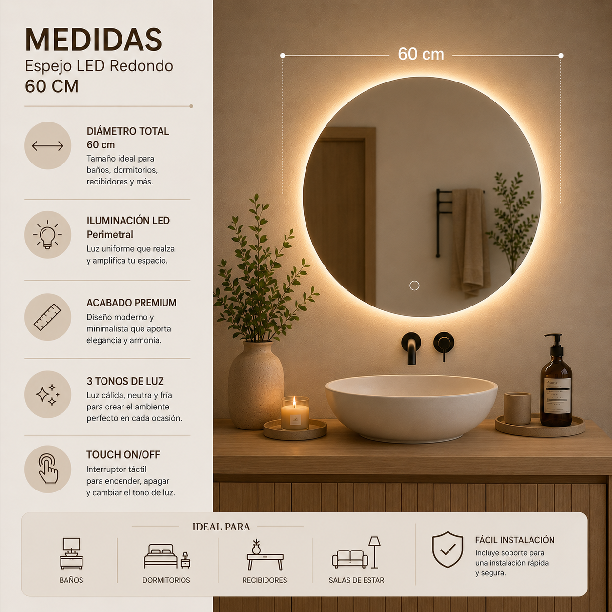 Espejo Redondo LED 60 cm con Pantalla Digital Touch | KB Home