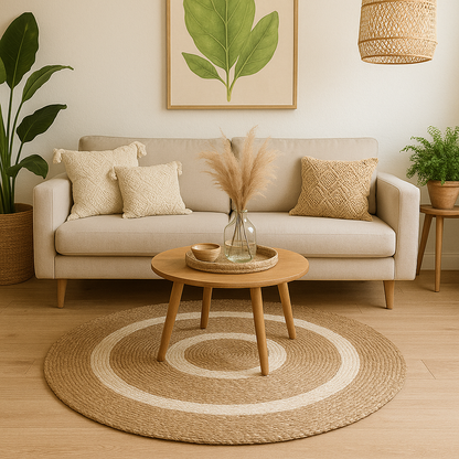 Alfombra Redonda de Yute Natural con Diseño de Aros Concéntricos – Estilo Boho Chic