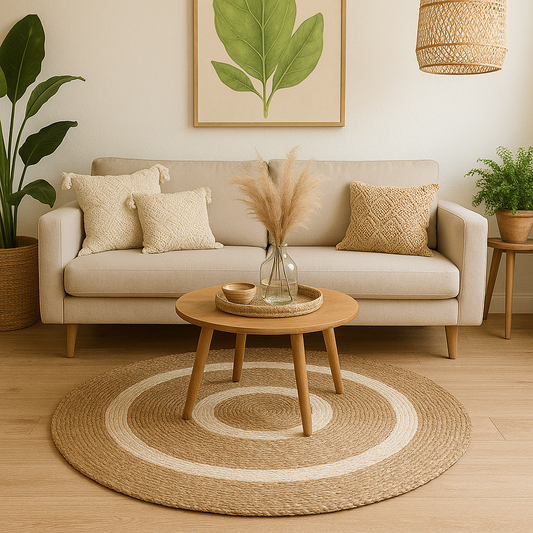 Alfombra Redonda de Yute Natural con Diseño de Aros Concéntricos – Estilo Boho Chic