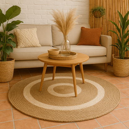 Alfombra Redonda de Yute Natural con Diseño de Aros Concéntricos – Estilo Boho Chic