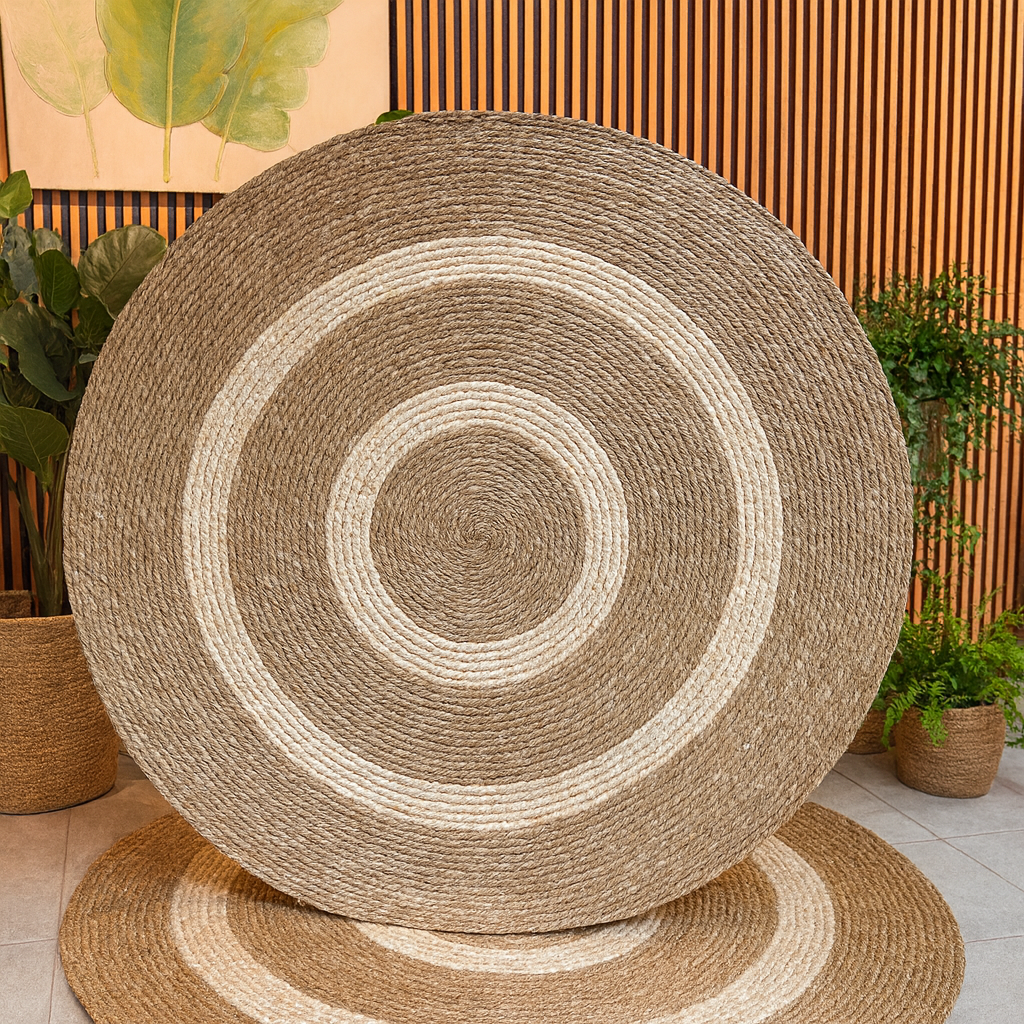 Alfombra Redonda de Yute Natural con Diseño de Aros Concéntricos – Estilo Boho Chic