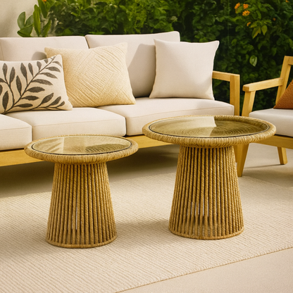 Mesas Laterales con Base de Cuerda Tejida de Yute y Cubierta de Vidrio – 2 Tamaños