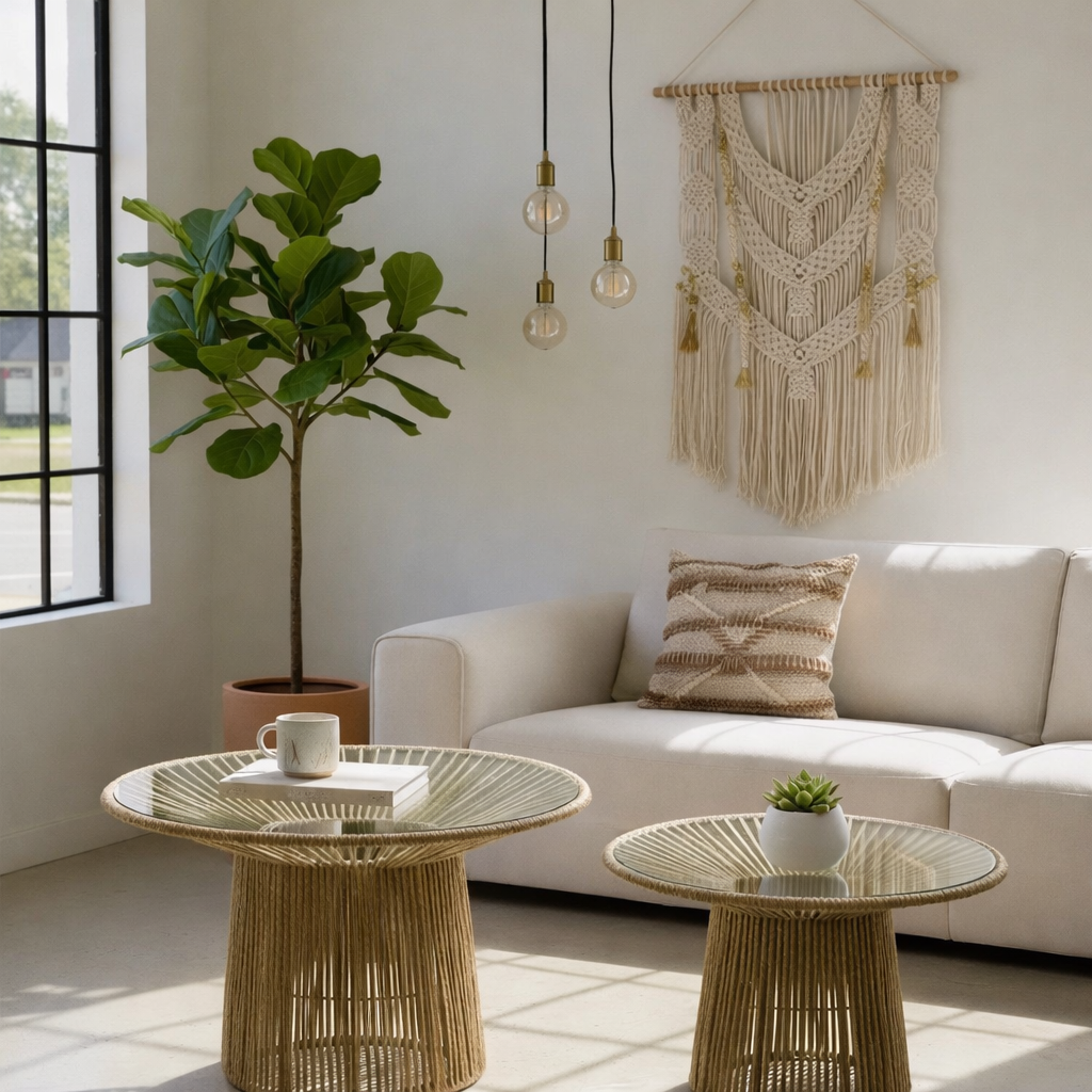 Set de 2 Mesas de Centro Nido de Cuerda de  Fibra Natural y Vidrio Estilo Boho