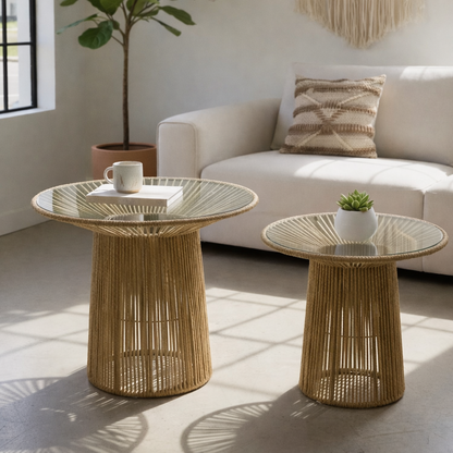 Set de 2 Mesas de Centro Nido de Cuerda de  Fibra Natural y Vidrio Estilo Boho