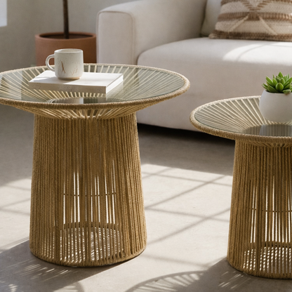 Set de 2 Mesas de Centro Nido de Cuerda de  Fibra Natural y Vidrio Estilo Boho