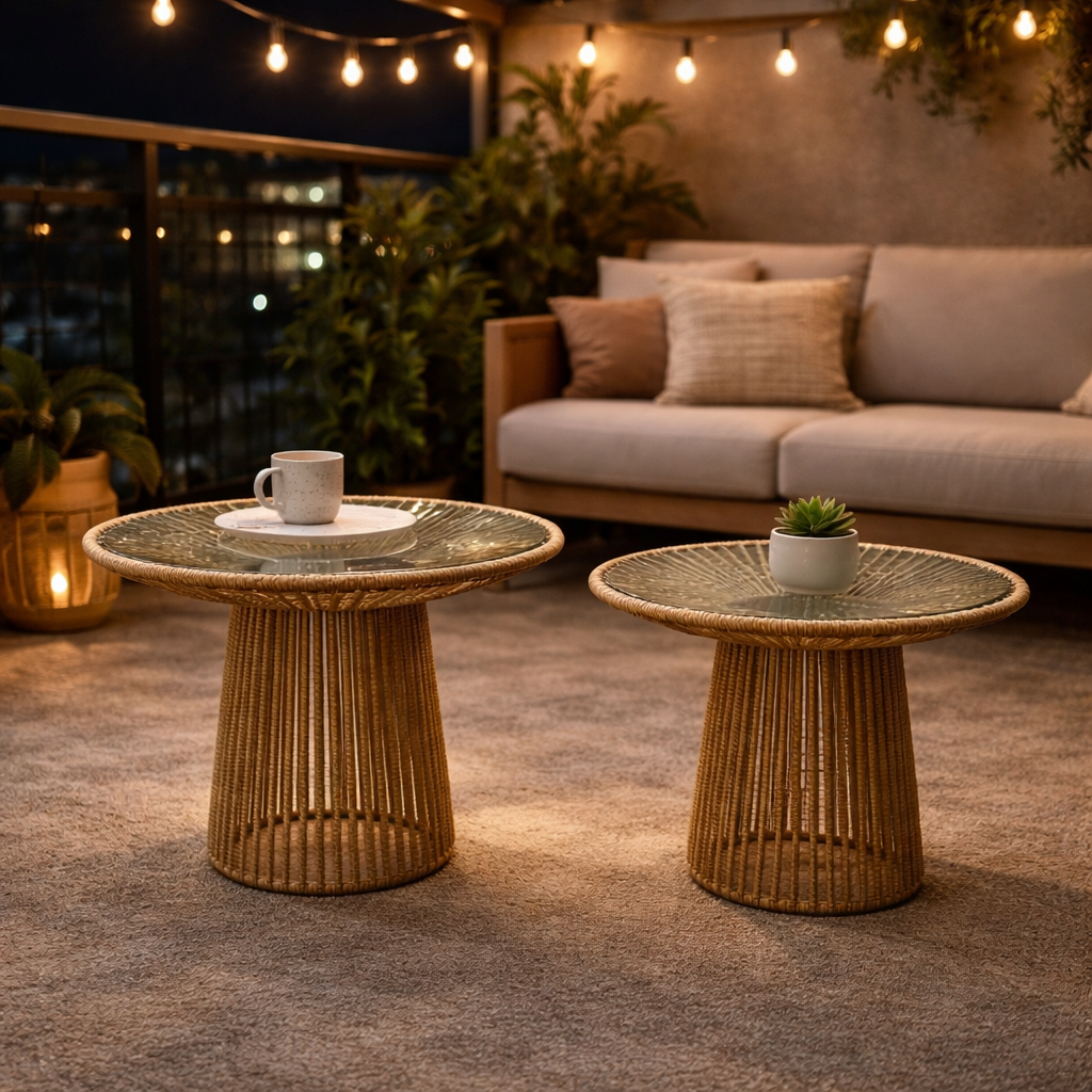 Set de 2 Mesas de Centro Nido de Cuerda de  Fibra Natural y Vidrio Estilo Boho