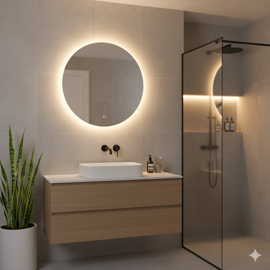 Espejo Redondo con Luz LED y Botón Digital