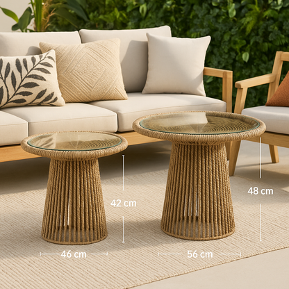 Mesas Laterales con Base de Cuerda Tejida de Yute y Cubierta de Vidrio – 2 Tamaños