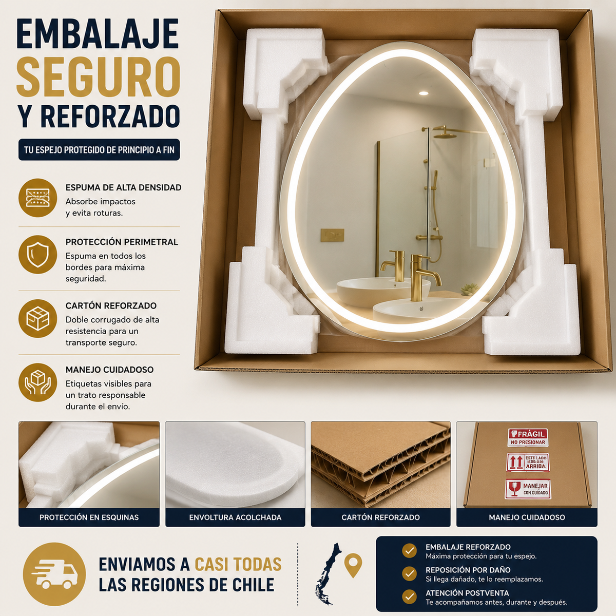 Espejo Irregular Orgánico 50x70 cm LED 3 Tonos Touch | KB Home Spa