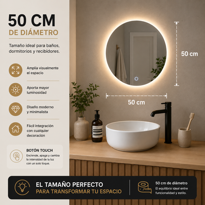 Espejo LED Redondo para Baño 50 cm Touch – 3 Tipos de Luz | Montaje en Pared