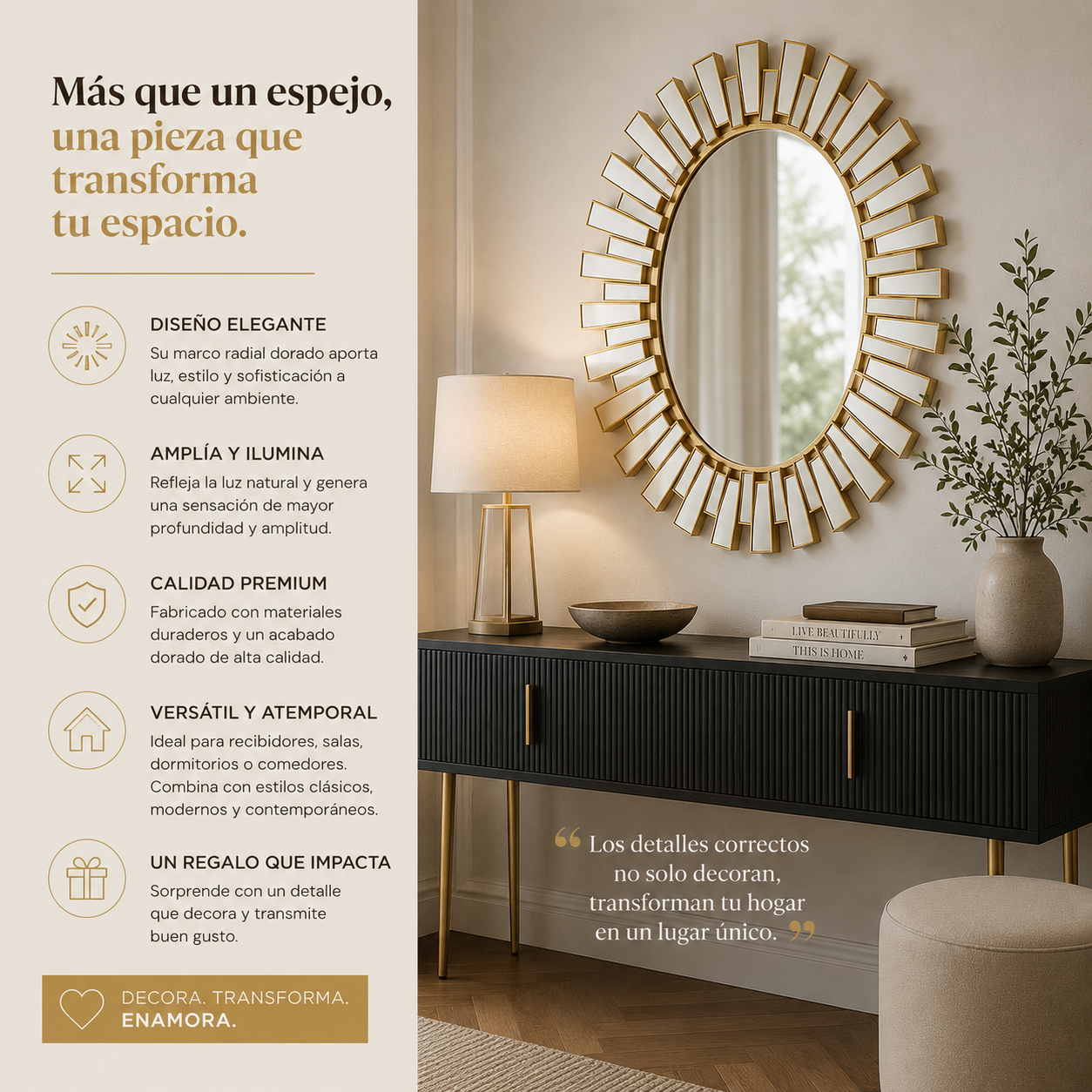 Espejo Sol Dorado Decorativo 68 x 94 cm – Marco Rayos Dorados