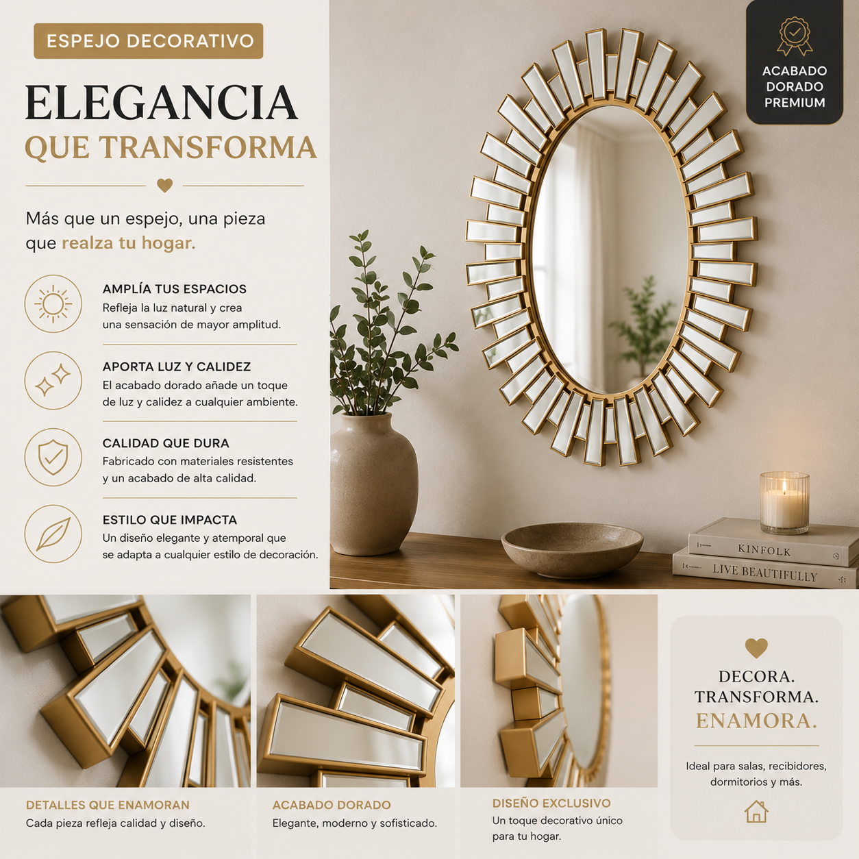 Espejo Sol Dorado Decorativo 68 x 94 cm – Marco Rayos Dorados