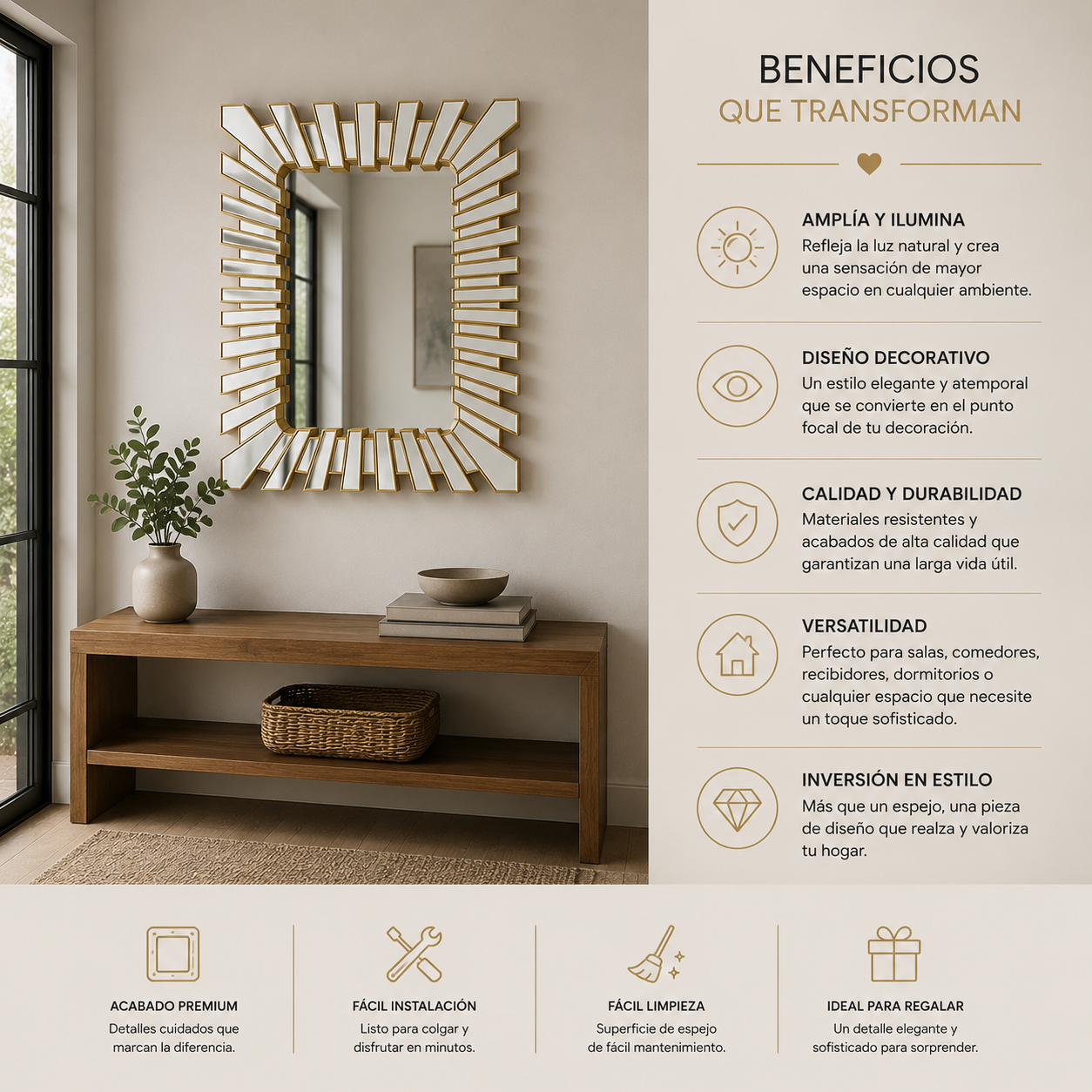 Espejo Decorativo Dorado 70x90 cm – Diseño Moderno tipo Sol