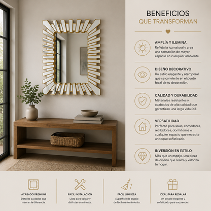 Espejo Decorativo Dorado 70x90 cm – Diseño Moderno tipo Sol