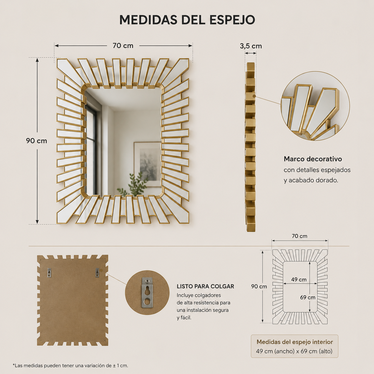 Espejo Decorativo Dorado 70x90 cm – Diseño Moderno tipo Sol