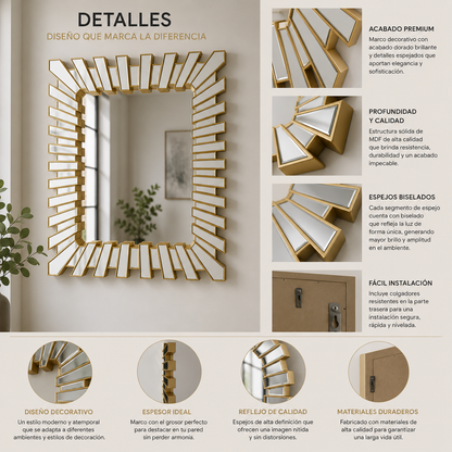 Espejo Decorativo Dorado 70x90 cm – Diseño Moderno tipo Sol