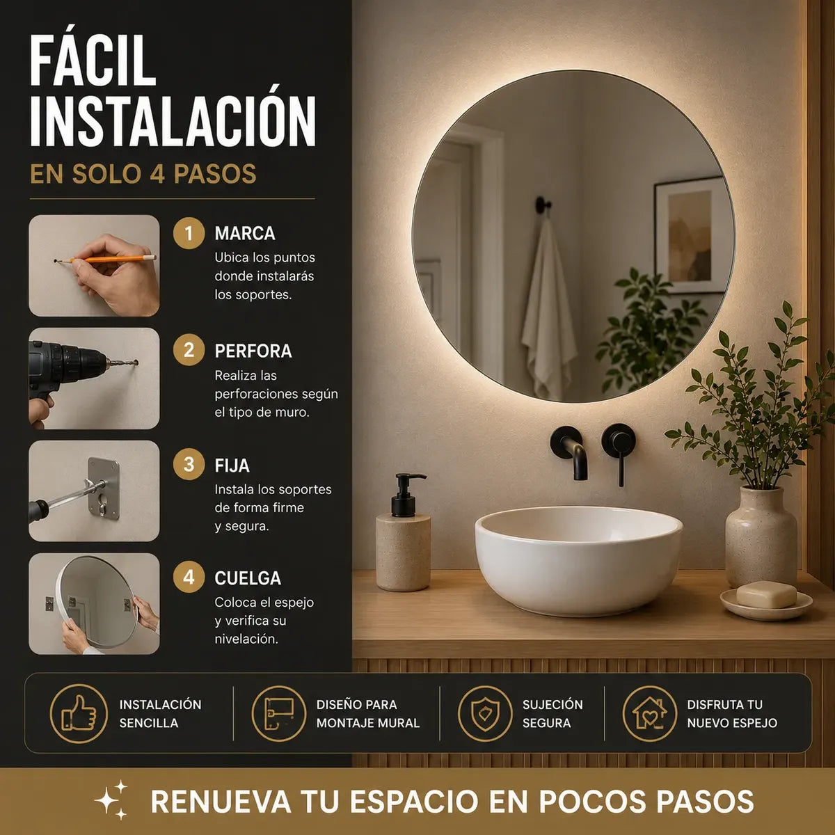 Espejo LED Redondo para Baño 50 cm Touch – 3 Tipos de Luz | Montaje en Pared