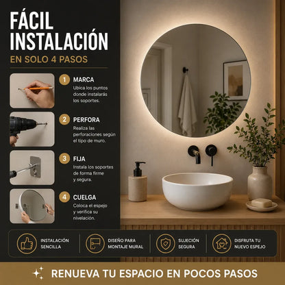 Espejo LED Redondo para Baño 50 cm Touch – 3 Tipos de Luz | Montaje en Pared