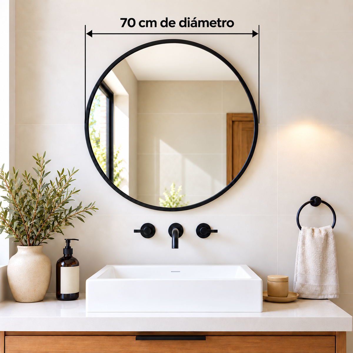 Espejo Redondo Decorativo 70 cm Marco Negro – Estilo Nórdico Minimalista