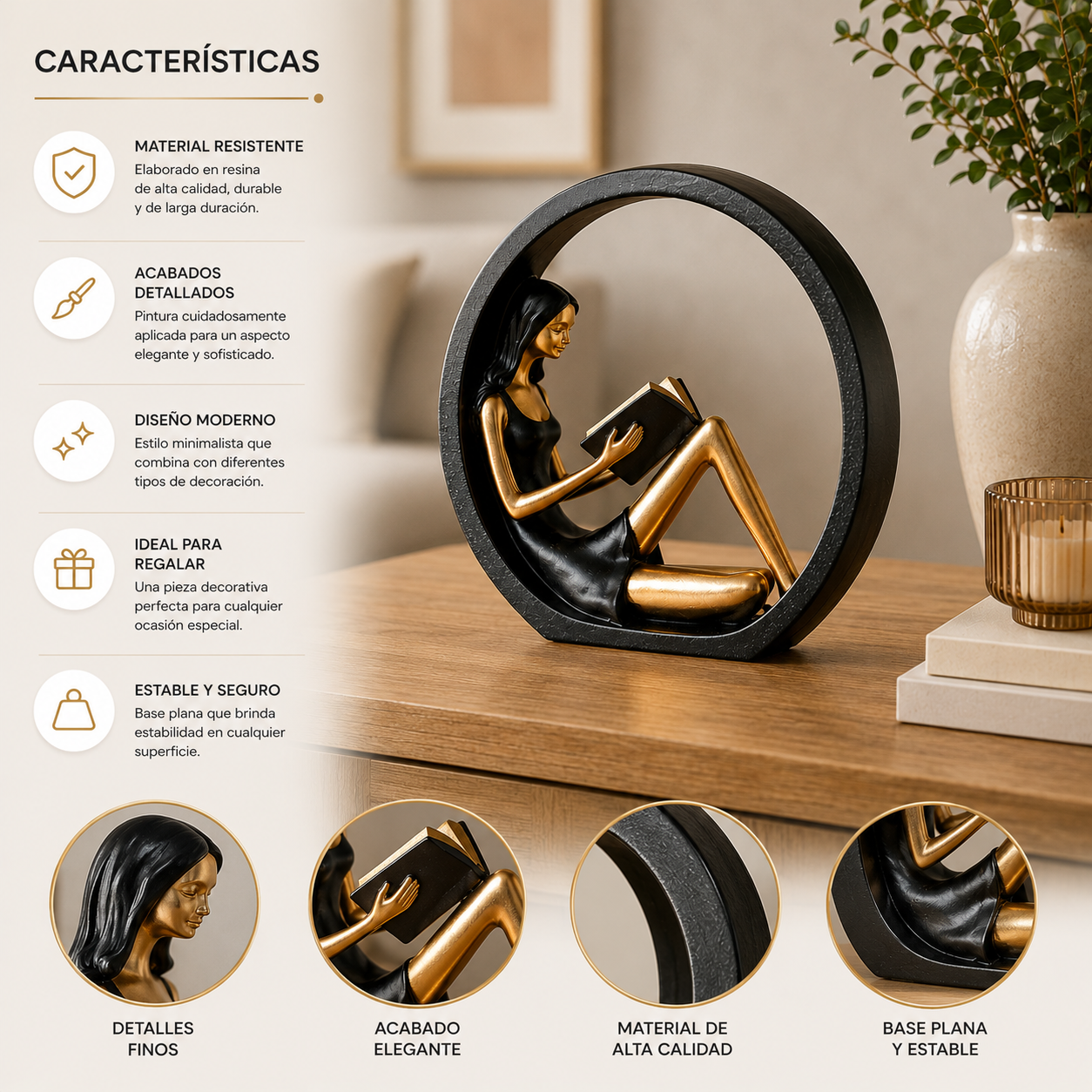 Figura Decorativa Mujer Leyendo – Escultura de Resina 20 cm