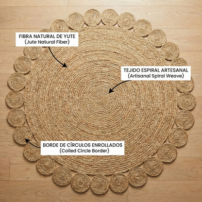 Alfombra Redonda de Yute Natural 150 cm - Diseño Artesanal con Borde Decorativo