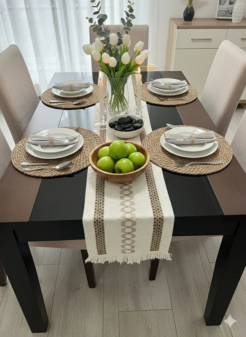 Set Camino de Mesa 180x36 cm + 4 Individuales Redondos 40 cm – Yute Natural Estilo Boho - KB Home